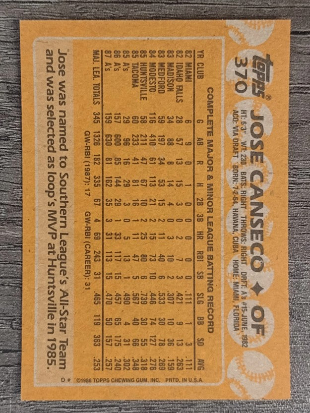 1988 Topps #370 Jose Canseco