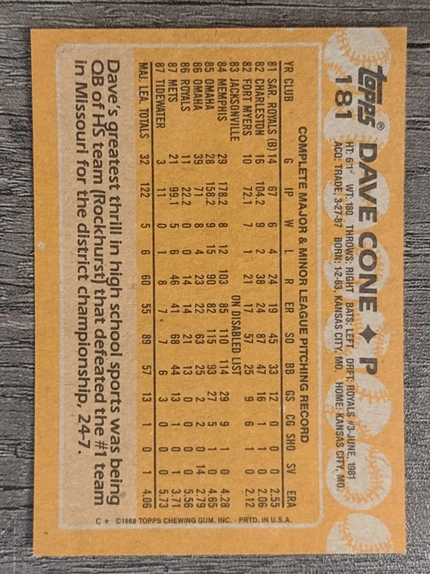 1988 Topps #181 David Cone