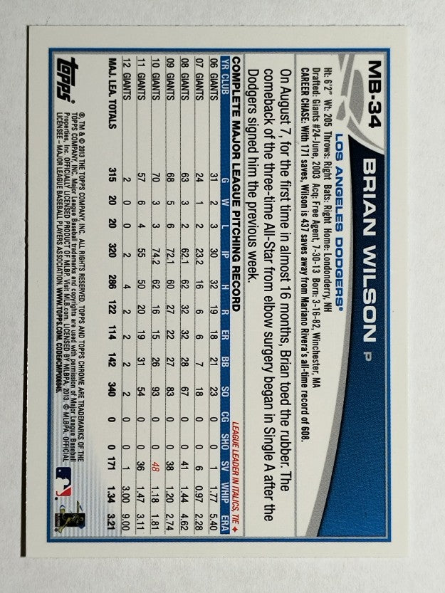 2013 Topps Chrome Update #MB34 Brian Wilson