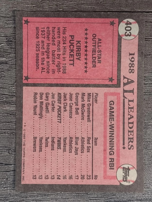 1989 Topps #403 Kirby Puckett AS