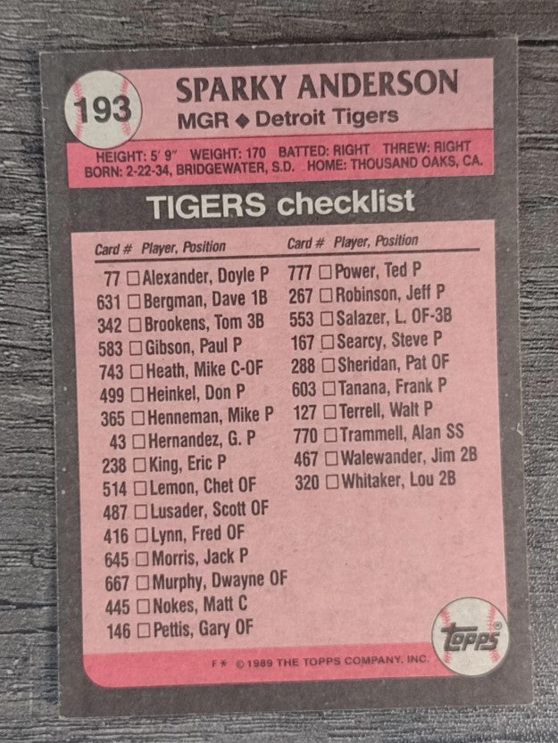 1989 Topps #193 Sparky Anderson MG