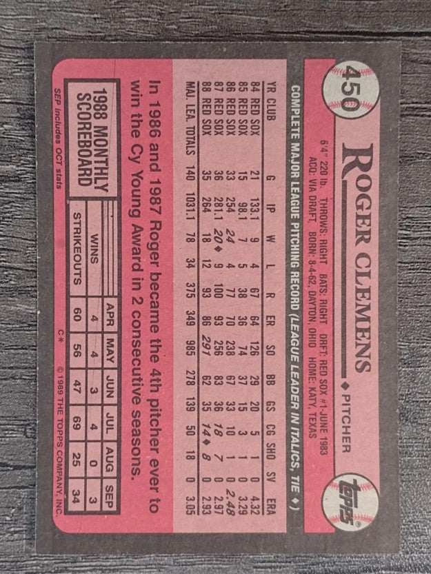 1989 Topps #450 Roger Clemens