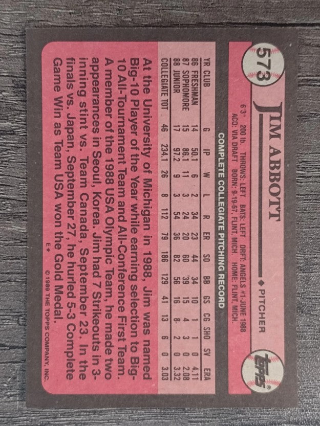 1989 Topps #573 Jim Abbott FDP RC