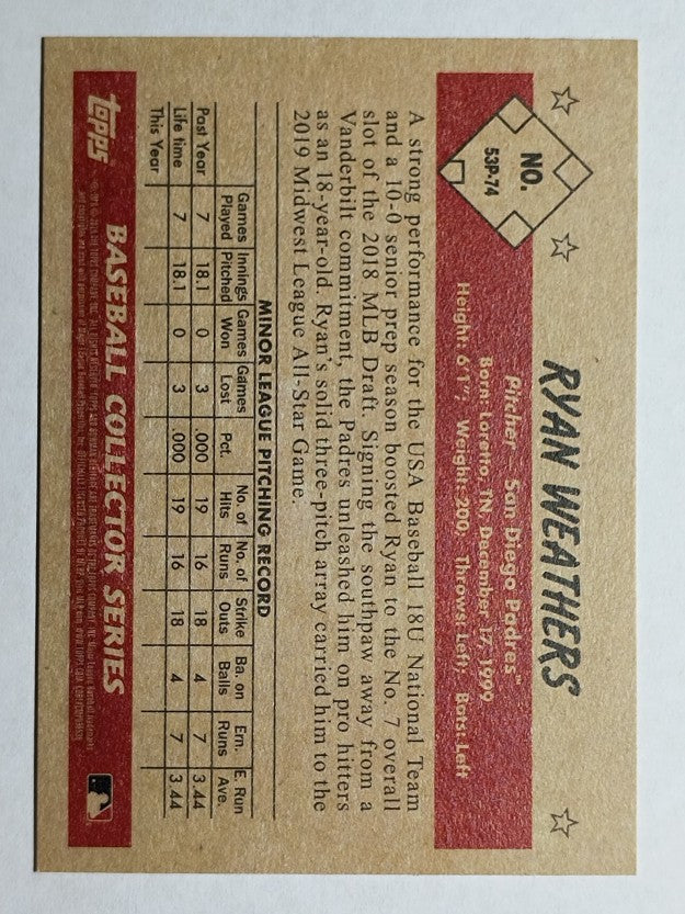 2019 Bowman Heritage Prospects #53P74 Ryan Weathers
