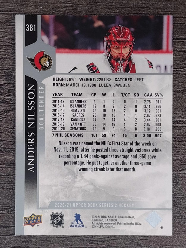 2020-21 Upper Deck #381 Anders Nilsson