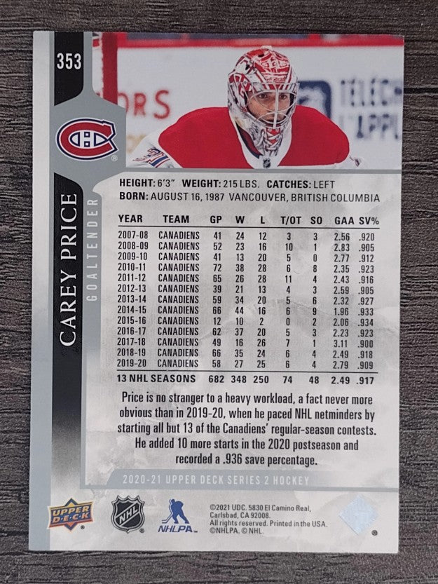 2020-21 Upper Deck #353 Carey Price