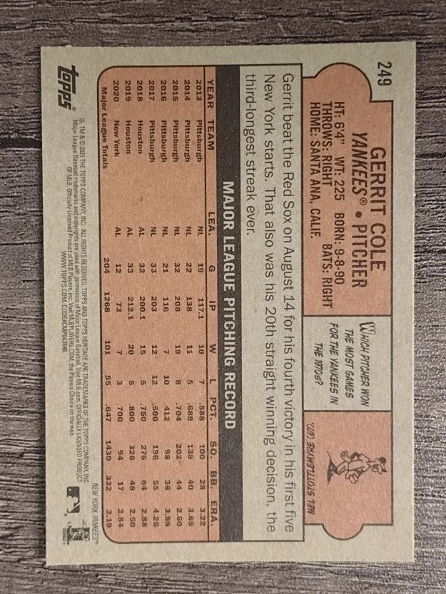 2021 Topps Heritage #249 Gerrit Cole