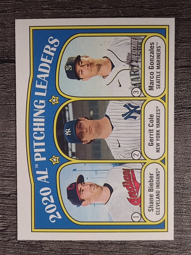 2021 Topps Heritage #94 Gerrit Cole/Marco Gonzales/Shane Bieber LL