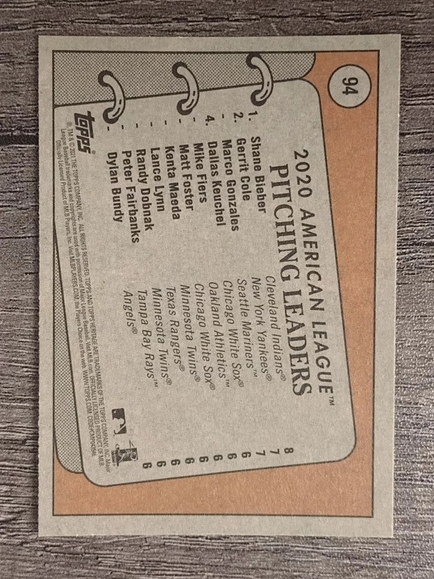 2021 Topps Heritage #94 Gerrit Cole/Marco Gonzales/Shane Bieber LL