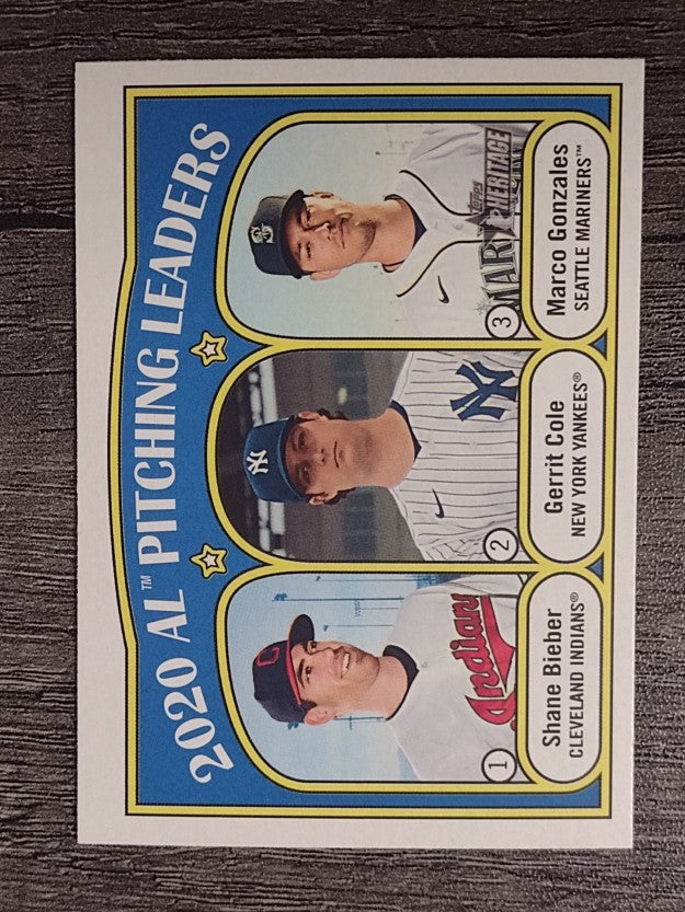2021 Topps Heritage #94 Gerrit Cole/Marco Gonzales/Shane Bieber LL