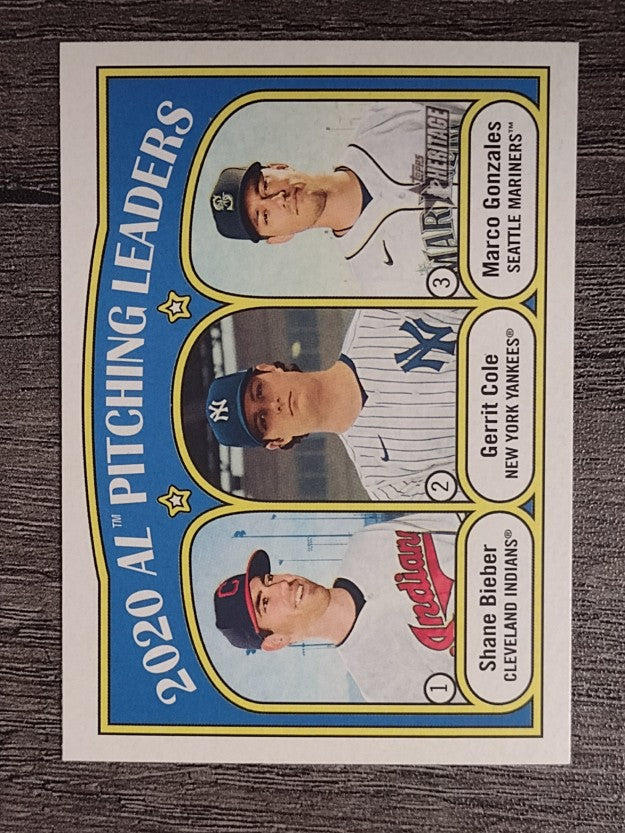 2021 Topps Heritage #94 Gerrit Cole/Marco Gonzales/Shane Bieber LL