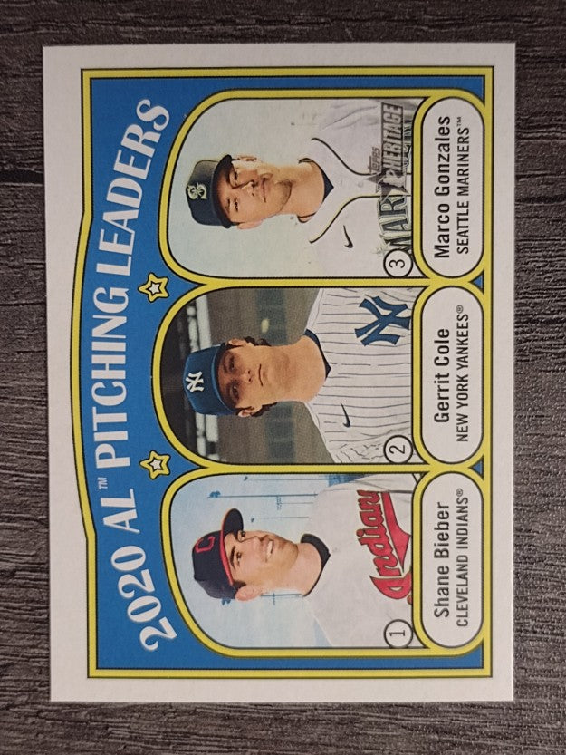 2021 Topps Heritage #94 Gerrit Cole/Marco Gonzales/Shane Bieber LL