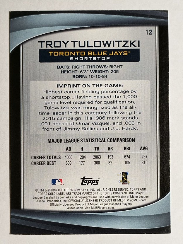 2016 Topps Gold Label Class 2 #12 Troy Tulowitzki