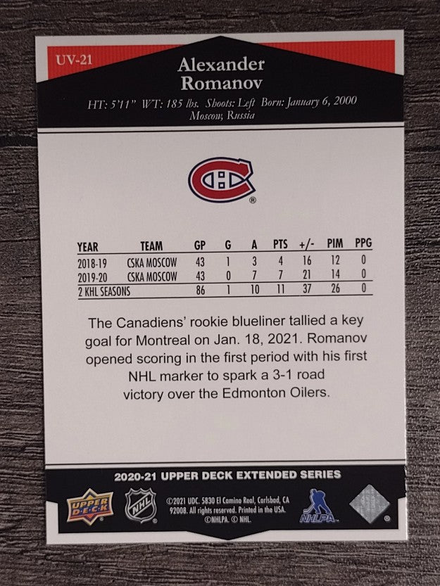 2020-21 Upper Deck Ultimate Victory #UV21 Alexander Romanov
