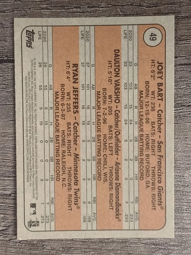 2021 Topps Heritage #49 Ryan Jeffers RC/Joey Bart RC/Daulton Varsho RC