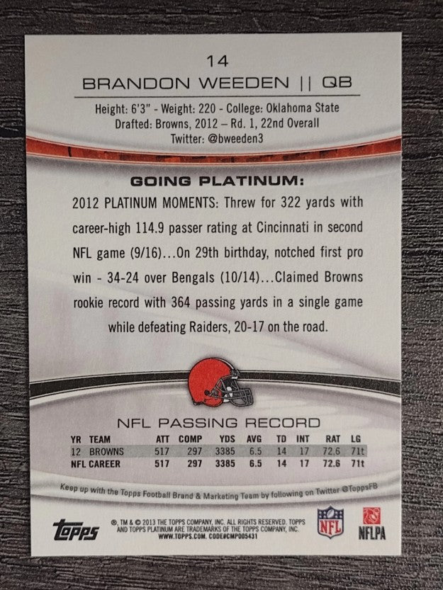 2013 Topps Platinum #14 Brandon Weeden
