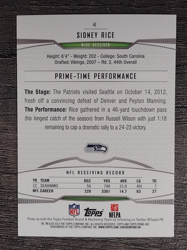 2013 Topps Prime Retail #41 Sidney Rice