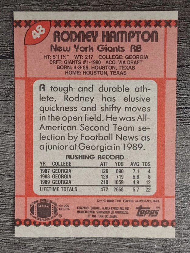 1990 Topps Disclaimer Back #48 Rodney Hampton RC