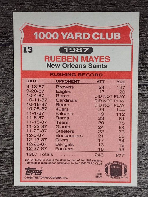 1988 Topps 1000 Yard Club #13 Rueben Mayes