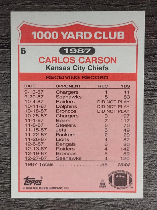 1988 Topps 1000 Yard Club #6 Carlos Carson
