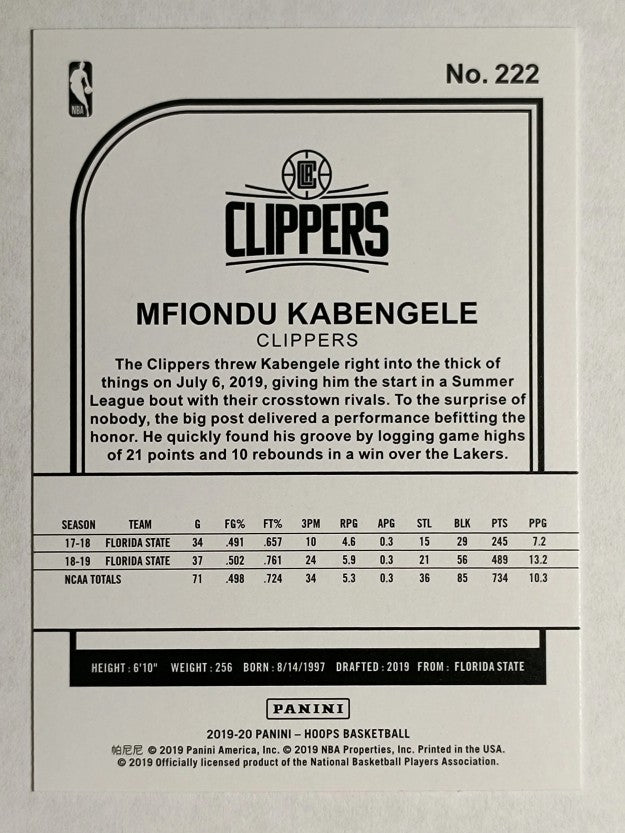 2019-20 Hoops #222 Mfiondu Kabengele RC