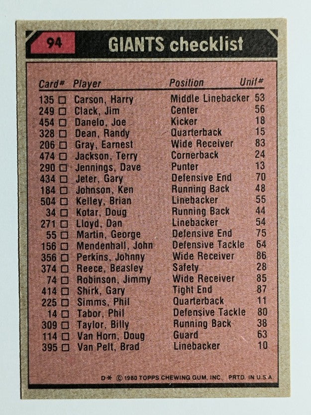 1980 Topps #94 New York Giants TL/Billy Taylor/Earnest Gray/George Martin (VG)
