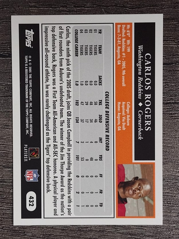 2005 Topps #432 Carlos Rogers RC