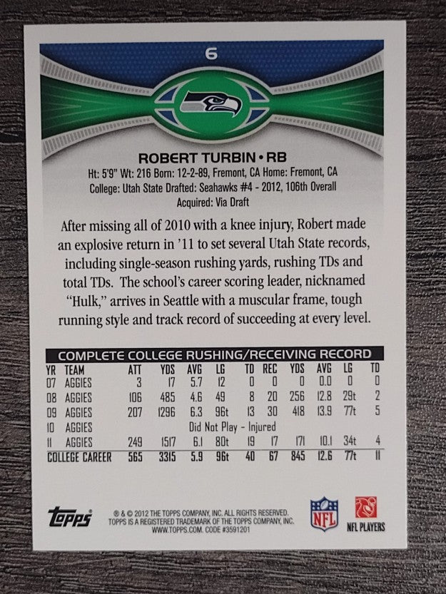 2012 Topps #6 Robert Turbin RC