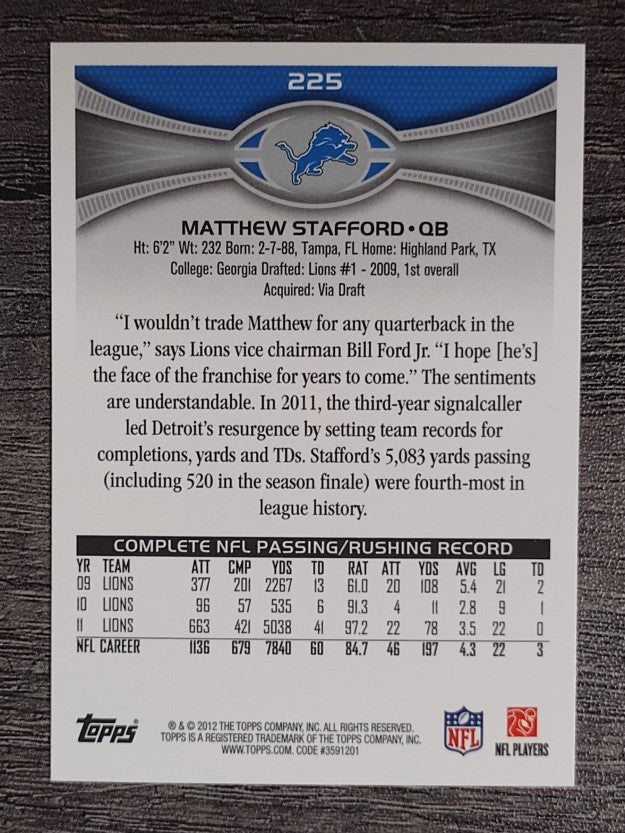 2012 Topps #225A Matthew Stafford/football released