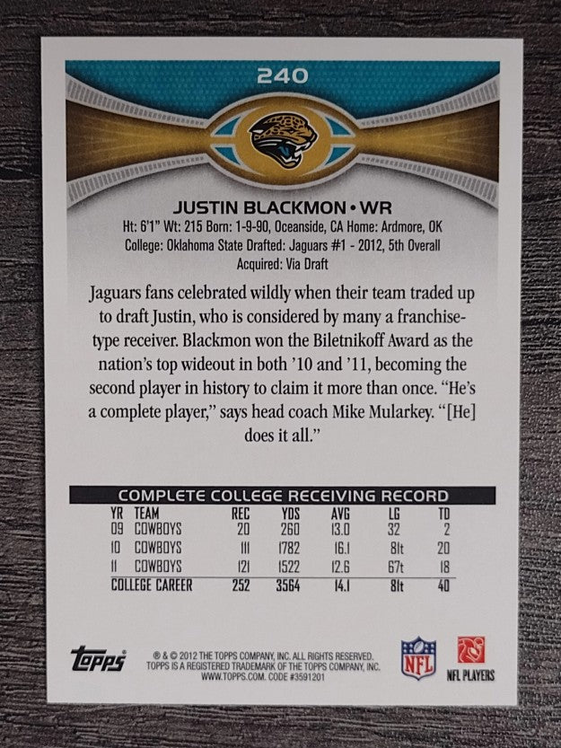 2012 Topps #240A Justin Blackmon RC/running sideways