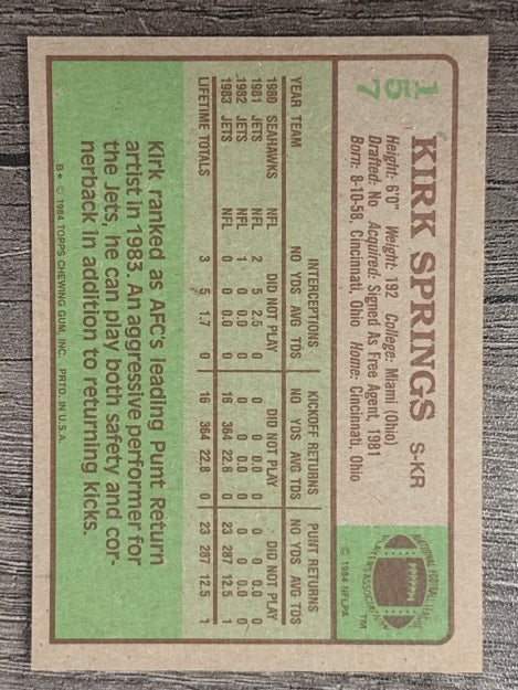 1984 Topps #157 Kirk Springs