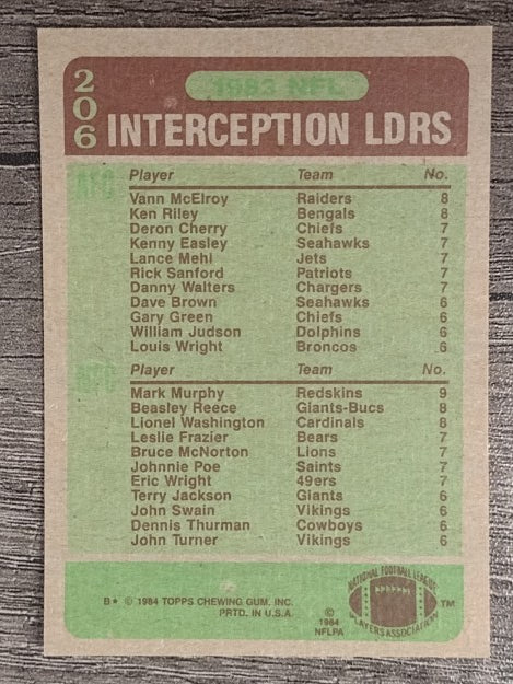 1984 Topps #206 Interception Leaders/Vann McElroy/Ken Riley/Mark Murphy