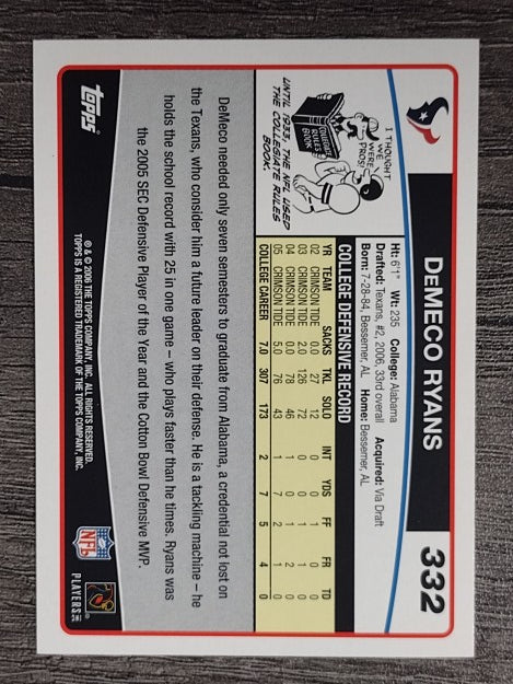 2006 Topps #332 DeMeco Ryans RC