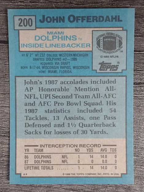 1988 Topps #200 John Offerdahl