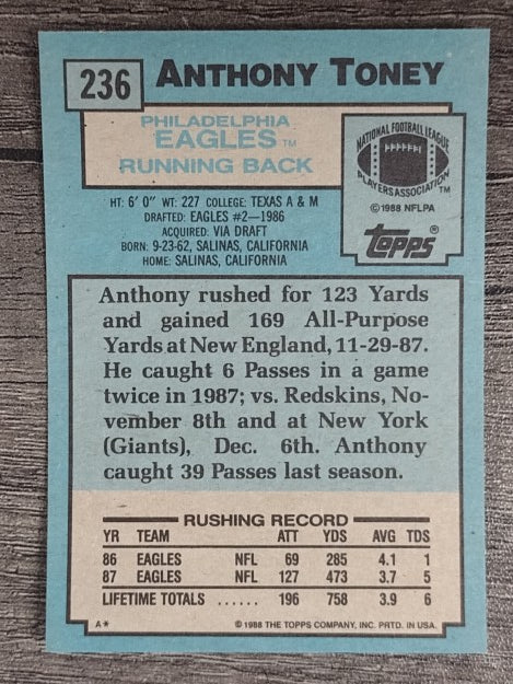 1988 Topps #236 Anthony Toney RC