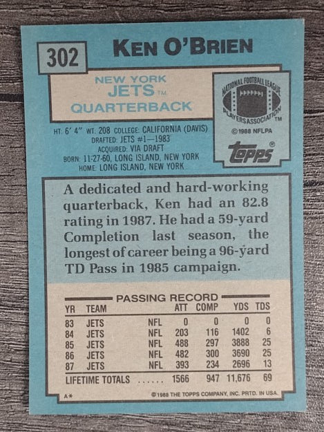 1988 Topps #302 Ken O'Brien