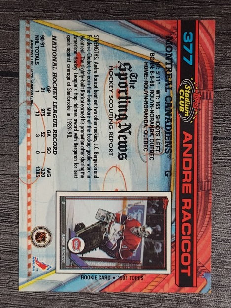 1991-92 Stadium Club #377 Andre Racicot RC