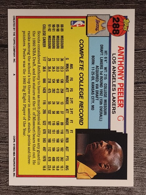 1992-93 Topps #288 Anthony Peeler RC