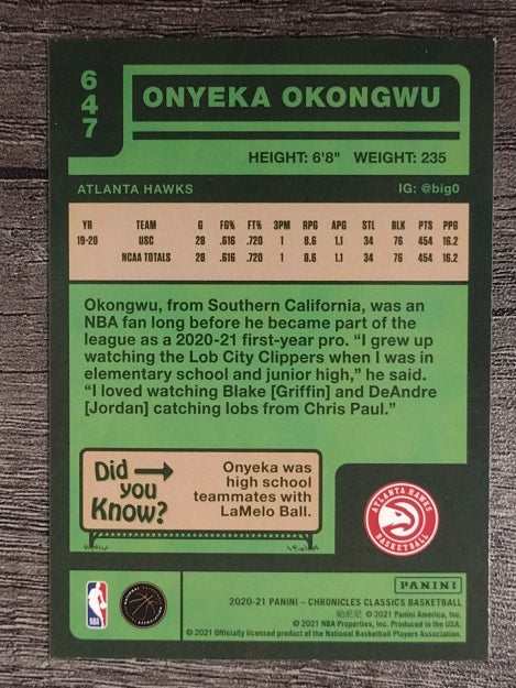 2020-21 Panini Chronicles #647 Onyeka Okongwu/Classics