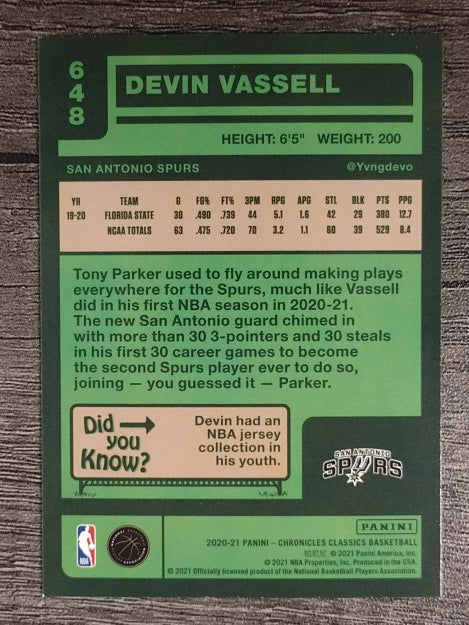 2020-21 Panini Chronicles #648 Devin Vassell/Classics