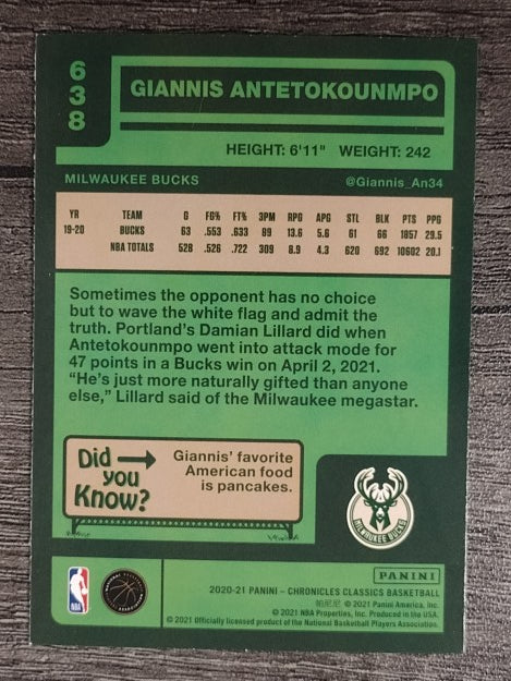 2020-21 Panini Chronicles #638 Giannis Antetokounmpo/Classics
