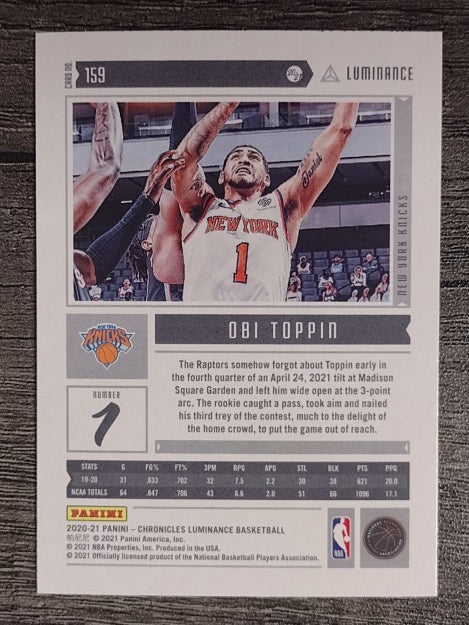 2020-21 Panini Chronicles #159 Obi Toppin/Luminance