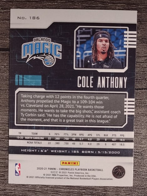 2020-21 Panini Chronicles #186 Cole Anthony/Playbook