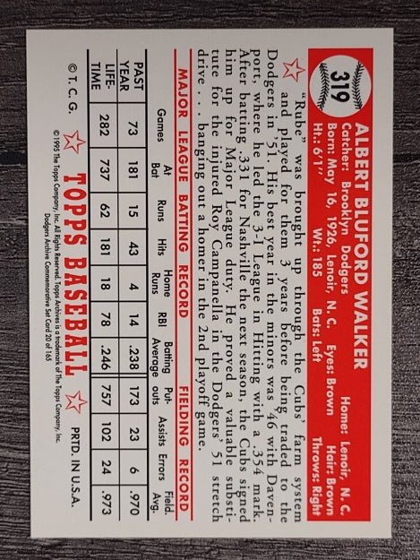 1995 Topps Archives Brooklyn Dodgers #20 Rube Walker