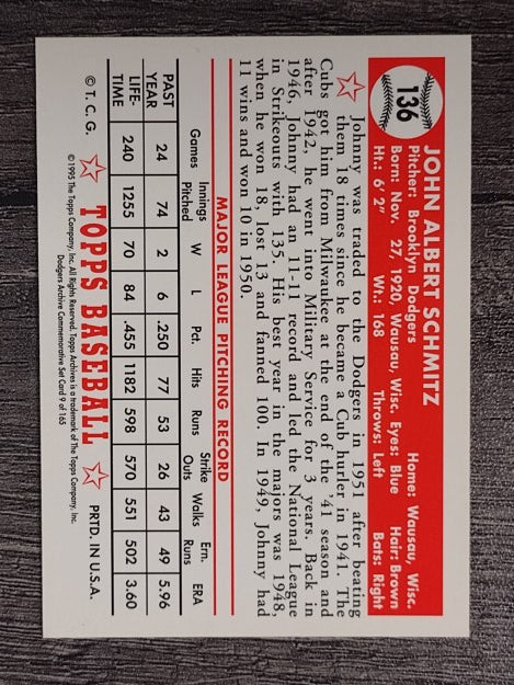 1995 Topps Archives Brooklyn Dodgers #9 Johnny Schmitz