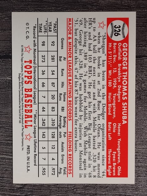 1995 Topps Archives Brooklyn Dodgers #23 George Shuba