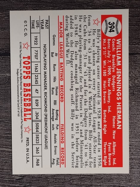 1995 Topps Archives Brooklyn Dodgers #31 Billy Herman CO