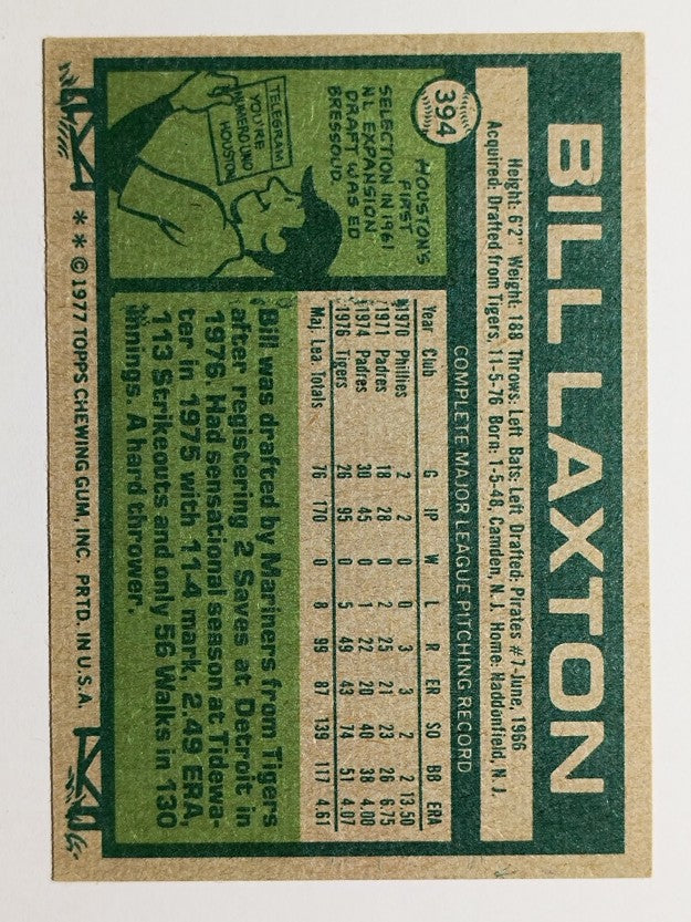 1977 Topps #394 Bill Laxton RC (VGEX)