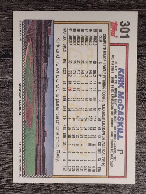 1992 Topps Gold Winners #301 Kirk McCaskill