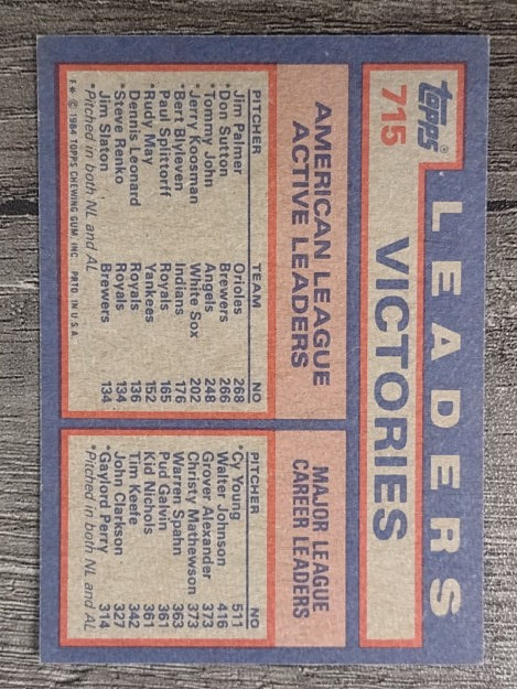 1984 Topps #715 Jim Palmer/Don Sutton/Tommy John LL